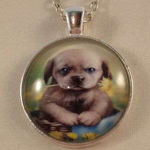 Silver Puppy Dog Daisy Dandelion Flower Cabochon Pendant Necklace 20" Party Gift